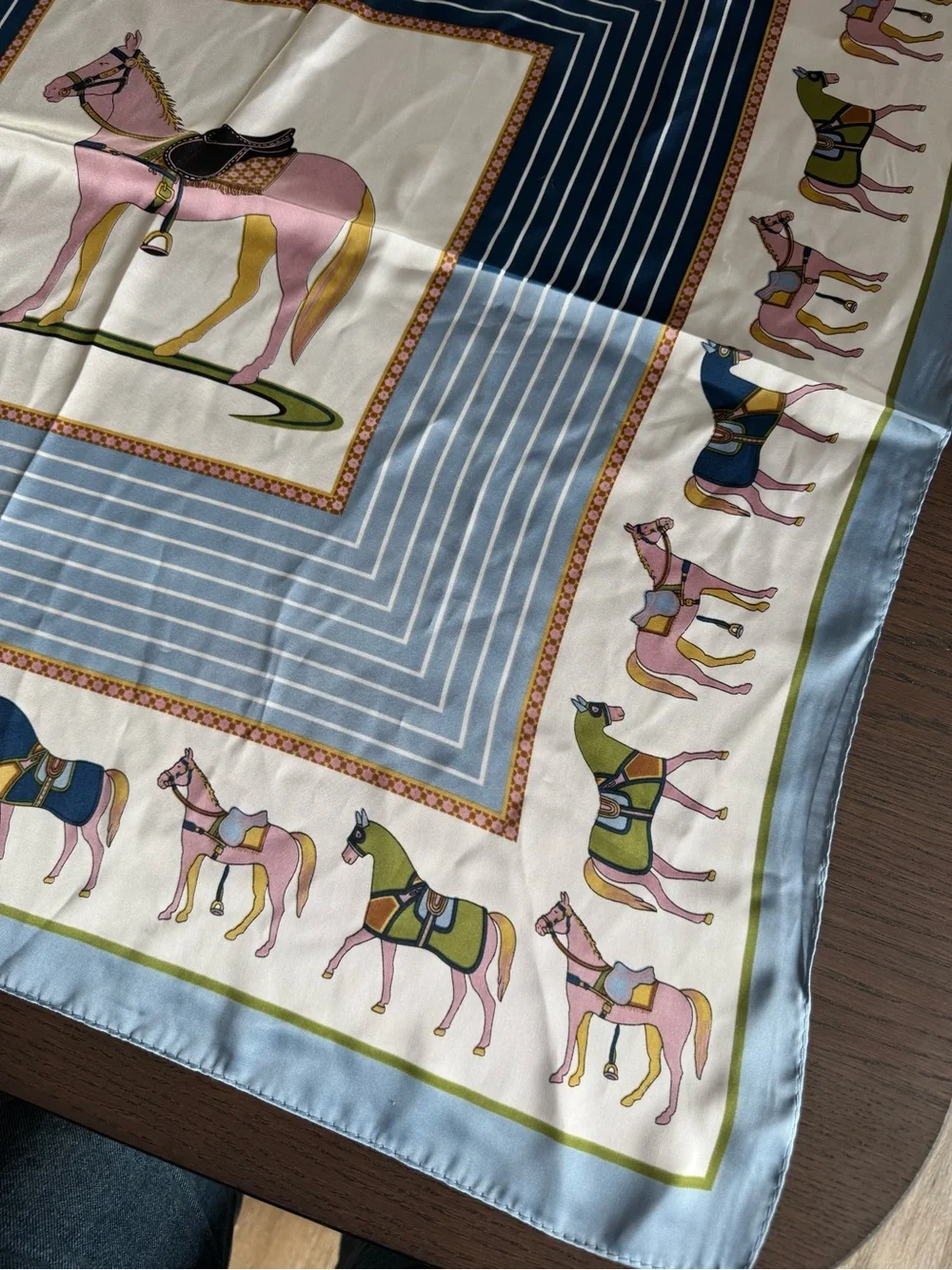Vintage Equestrian Horse Print Satin Scarf Blue Pink Green Square Riding Motif